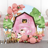 Couverture de toile de fond ronde Brithday animaux de la ferme rose